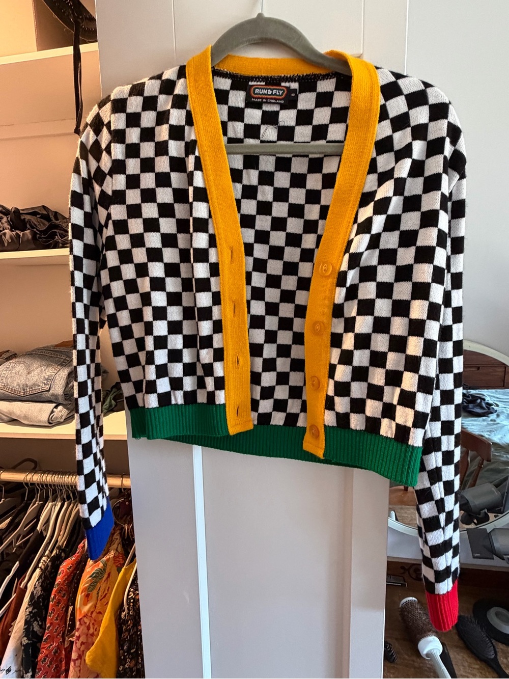 Run & Fly Black & White Checkerboard Cropped Cardigan with Yellow Trim